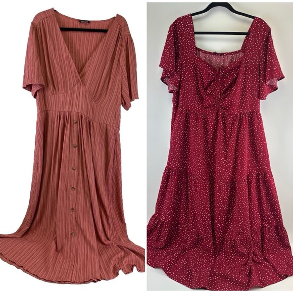 Bloomchic Lot of 2 Dresses Pink Plunge Neck Red Polkadot Tiered Long Plus 18-20 - Picture 1 of 16